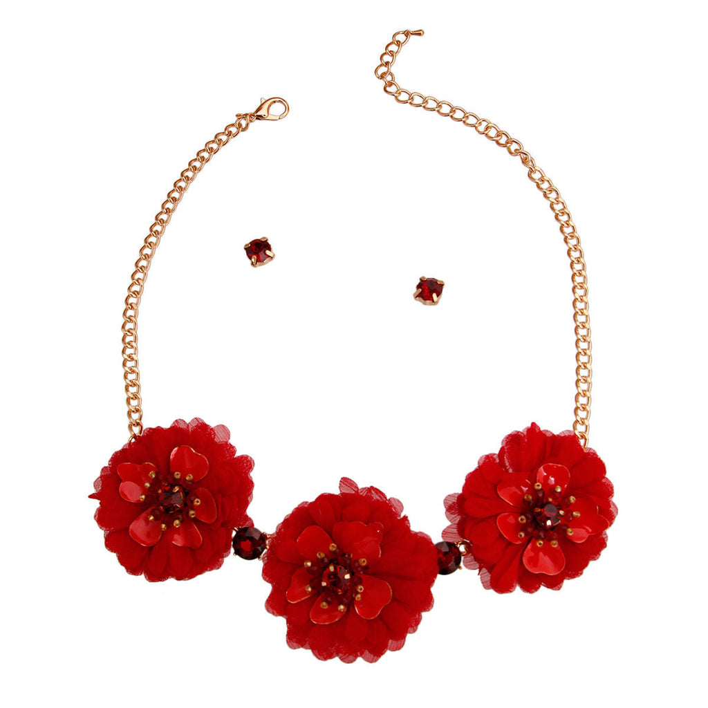Statement Red Fabric Flower Necklace Set Stylish Chic Jewelry Accessory