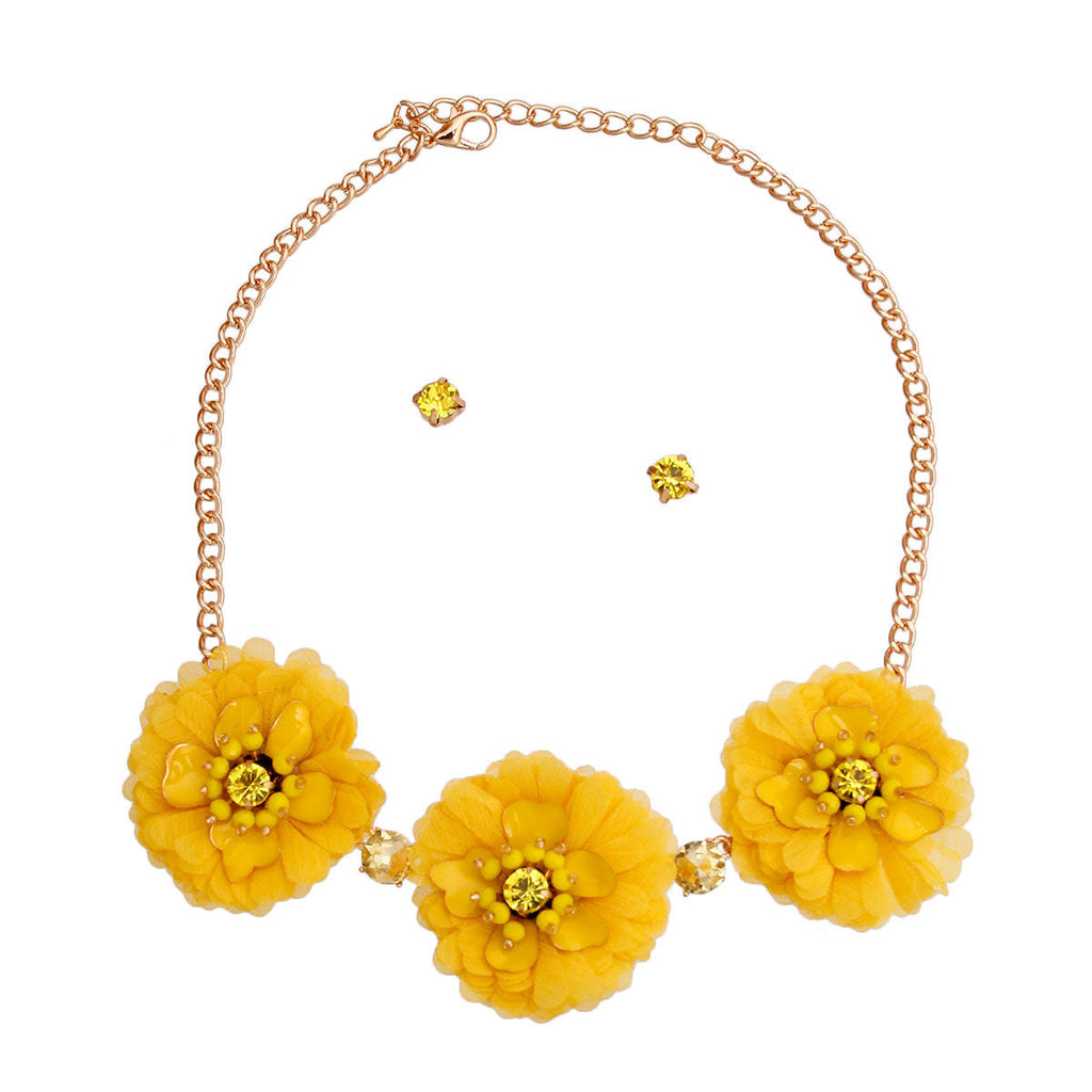 Statement Yellow Fabric Flower Necklace Set Stylish Jewelry Accessory