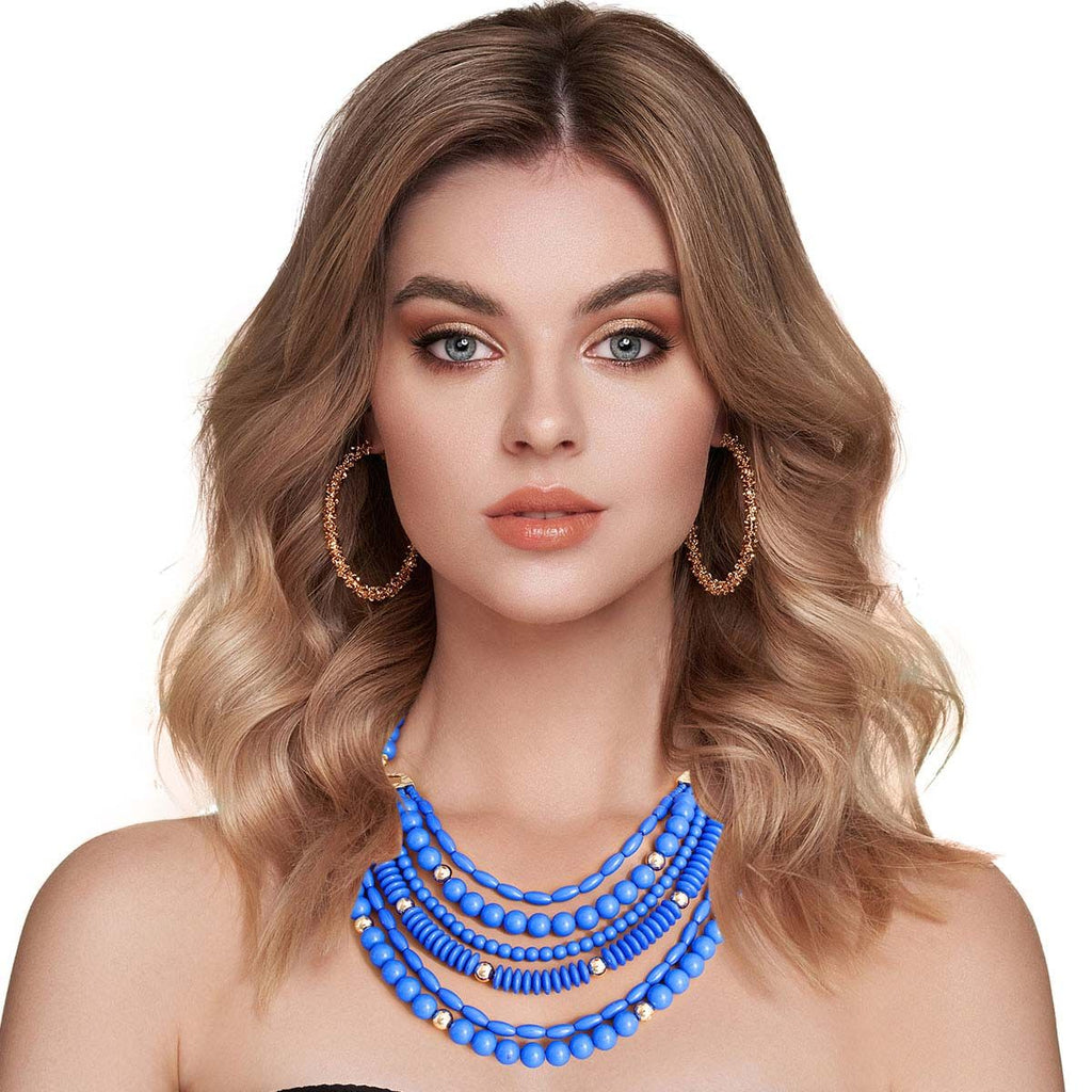 Layered 6-Layer Blue Bead Statement Necklace Stylish Chic Jewelry