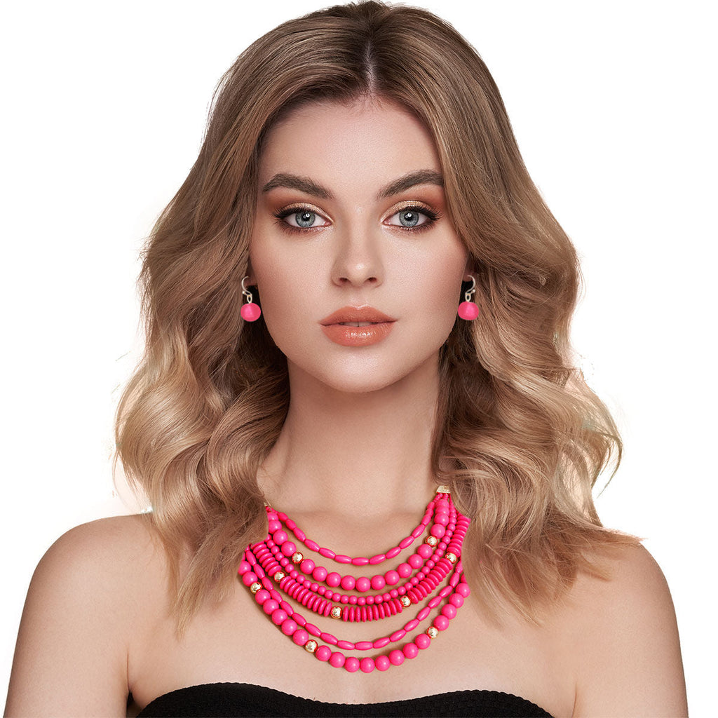 Layered Statement Necklace 6 Layer Fuchsia Bead Stylish Jewelry