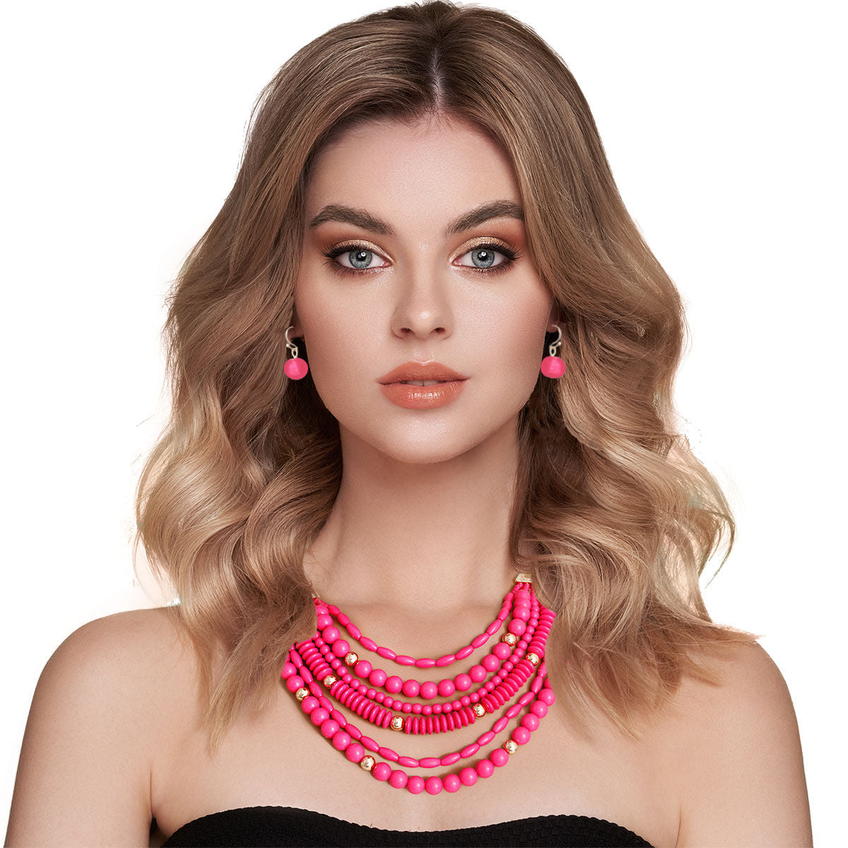 Layered Statement Necklace 6 Layer Fuchsia Bead Stylish Jewelry