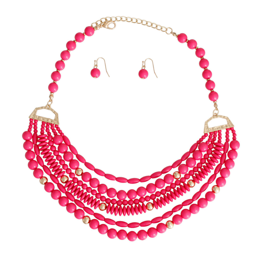 Layered Statement Necklace 6 Layer Fuchsia Bead Stylish Jewelry