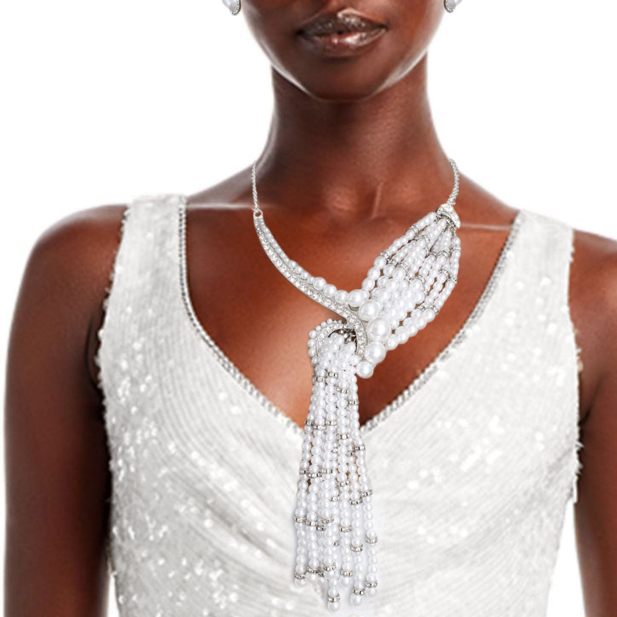 Statement Silver Necklace with Asymmetric White Pearl, Trendy and Elegant
