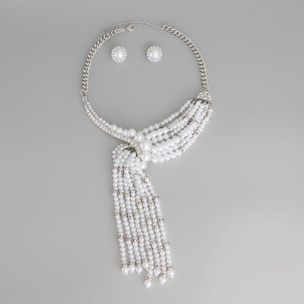 Statement Silver Necklace with Asymmetric White Pearl, Trendy and Elegant