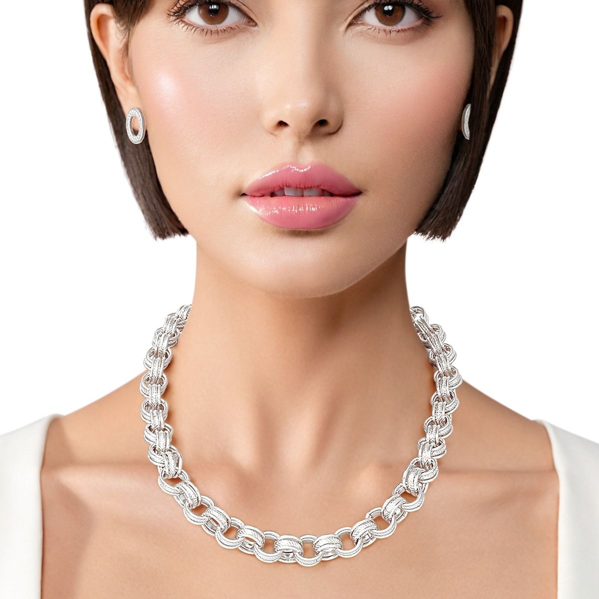 Chunky Silver Chain Triple Ring Choker Necklace for Women Stylish Statement Jewelry