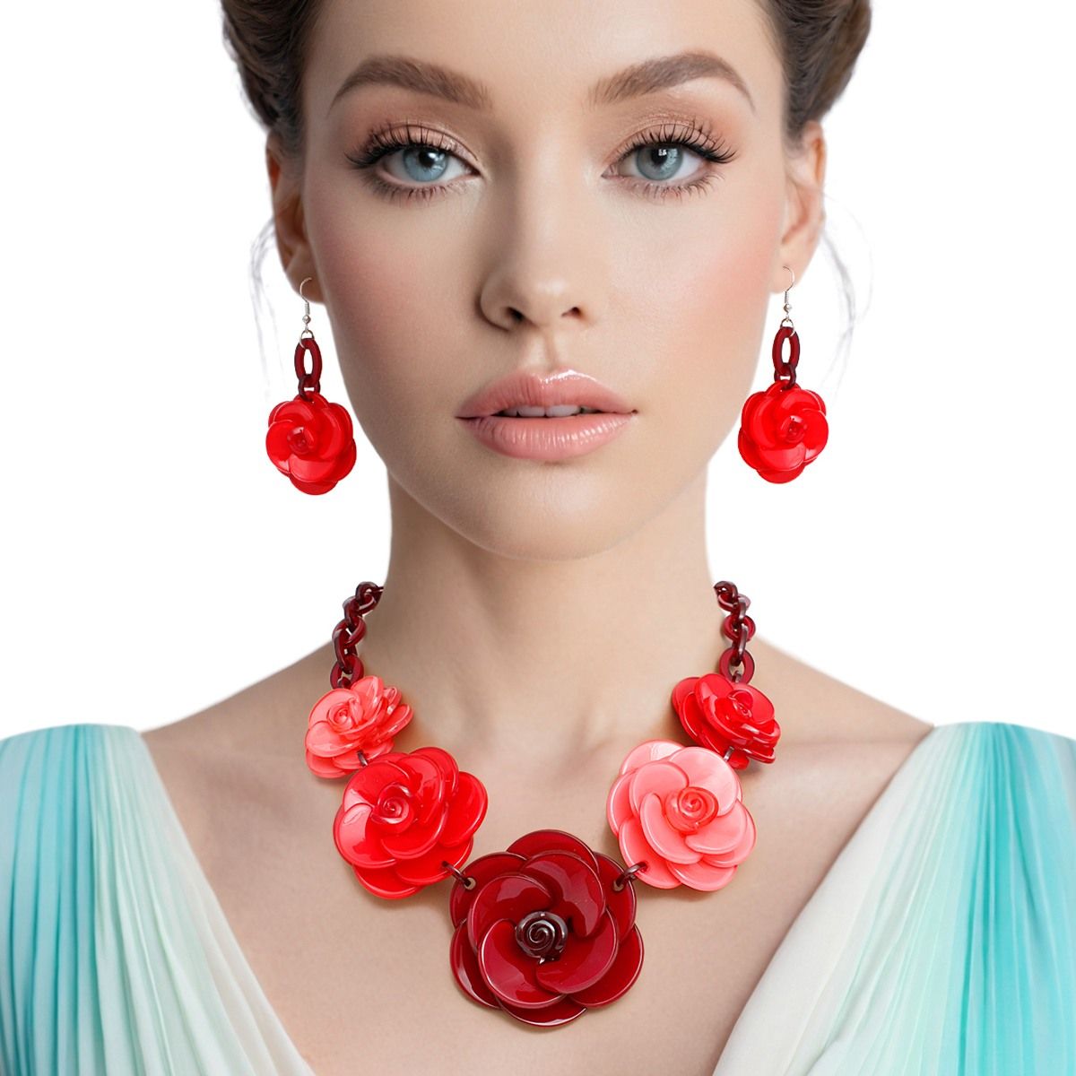 Statement Necklace Set Burgundy Chunky 3D Flower Link Collar Stylish Jewelry