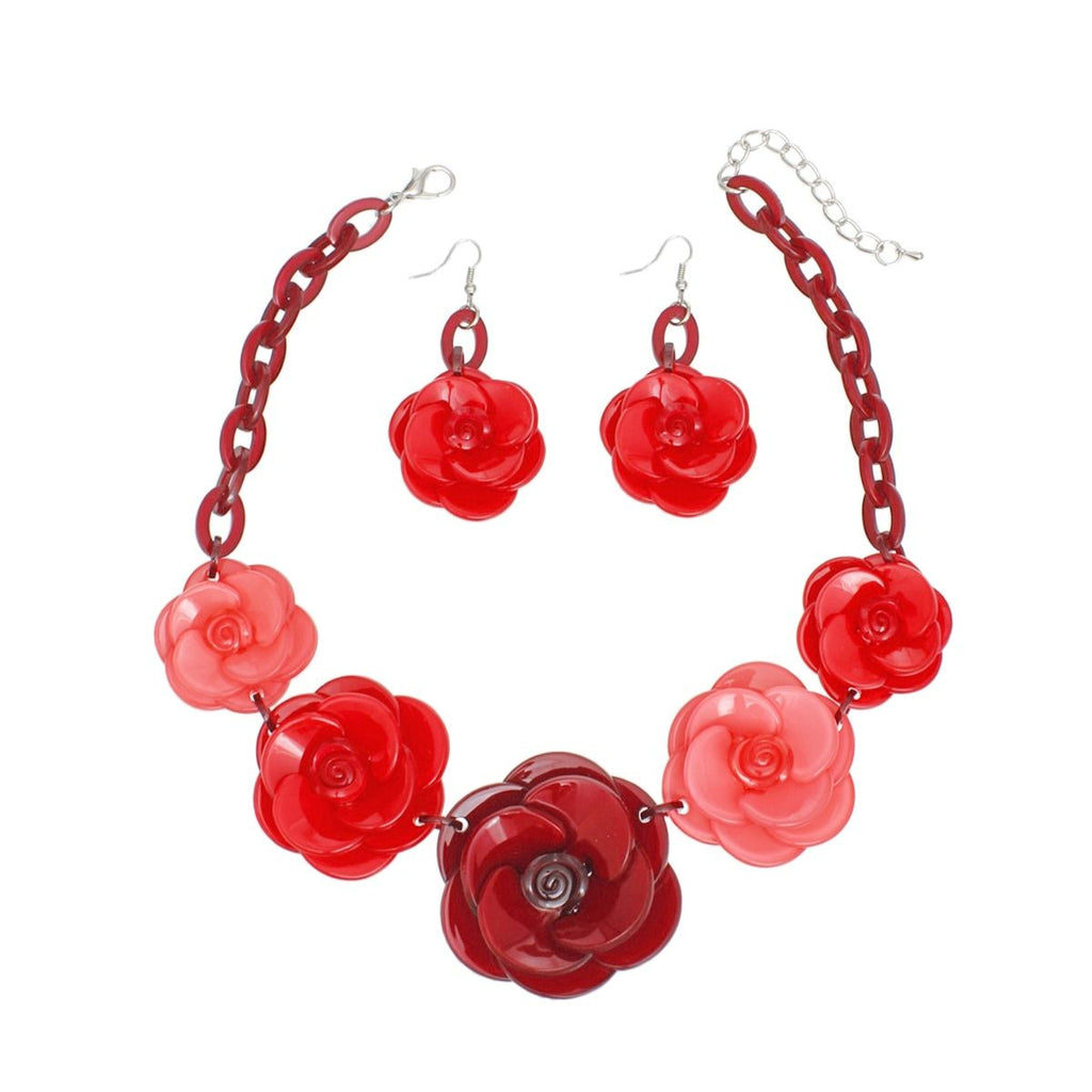 Statement Necklace Set Burgundy Chunky 3D Flower Link Collar Stylish Jewelry