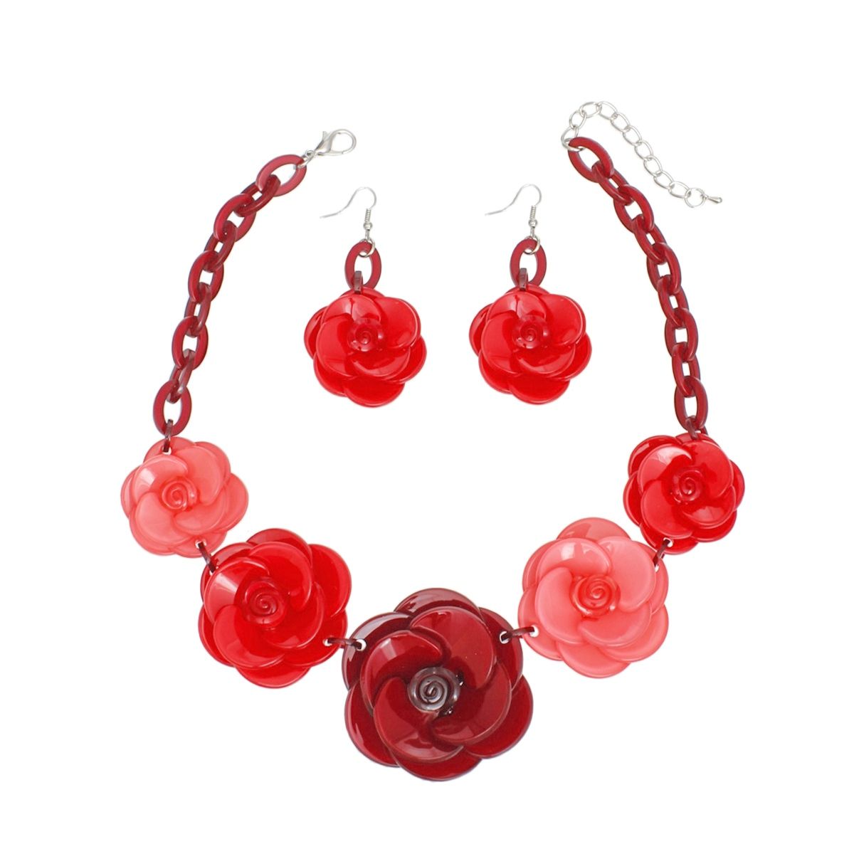 Statement Necklace Set Burgundy Chunky 3D Flower Link Collar Stylish Jewelry