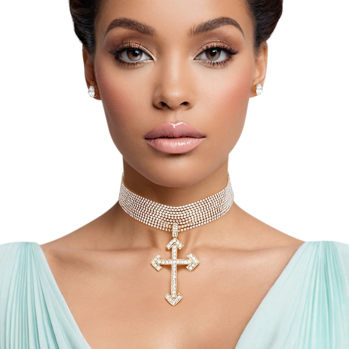 Layered Gold Rhinestone Cross Choker Necklace – Stylish Statement Jewelry