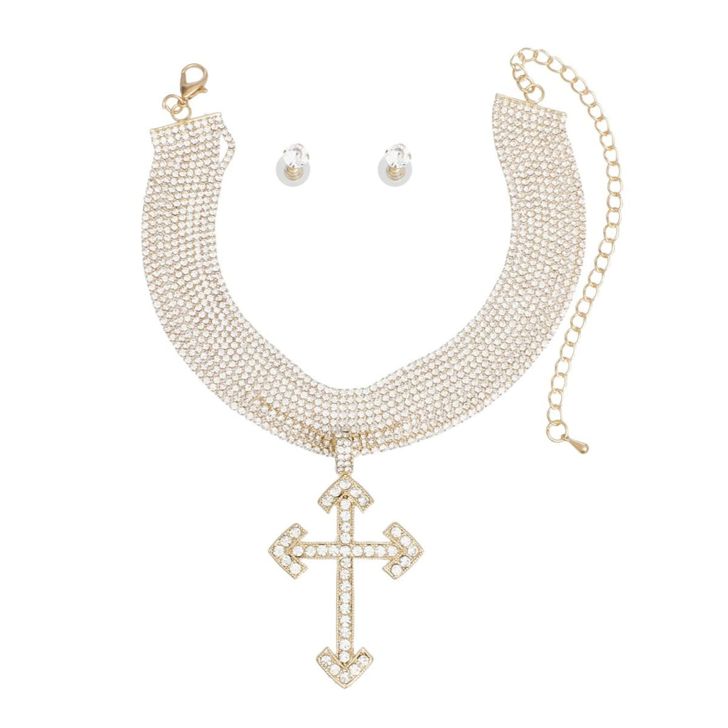 Layered Gold Rhinestone Cross Choker Necklace – Stylish Statement Jewelry