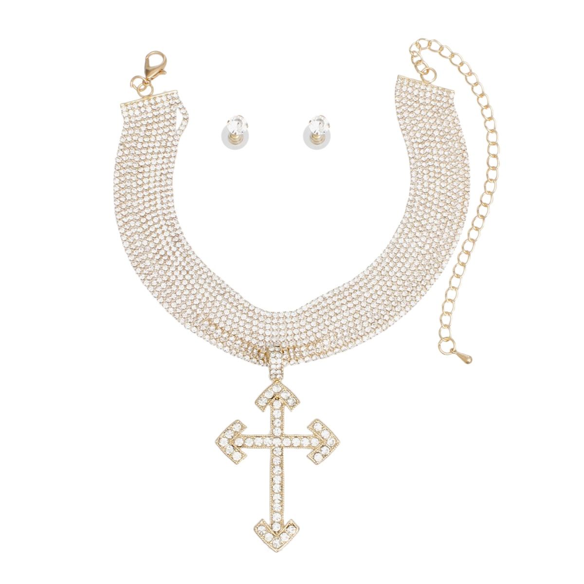Layered Gold Rhinestone Cross Choker Necklace – Stylish Statement Jewelry