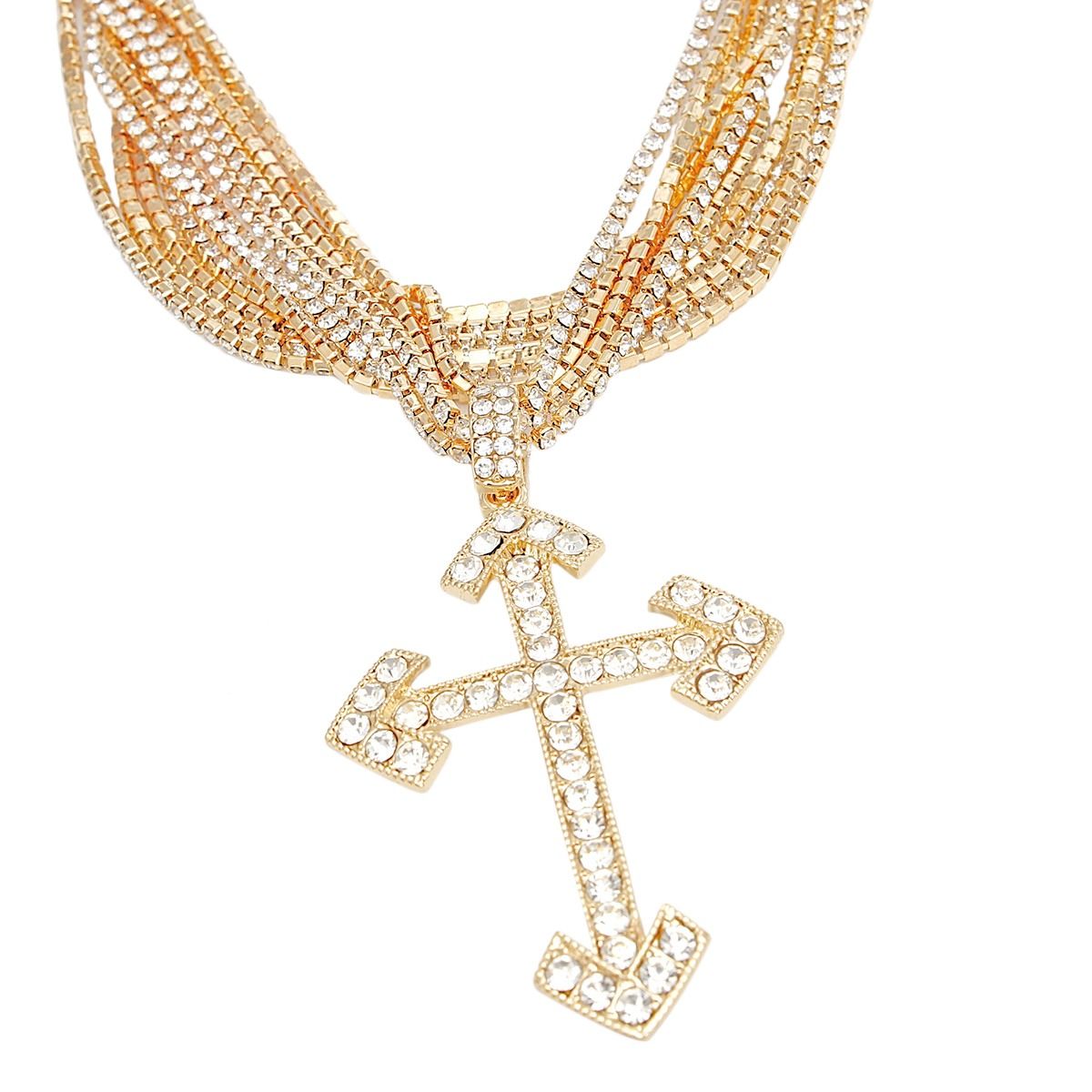 Layered Gold Rhinestone Cross Choker Necklace – Stylish Statement Jewelry