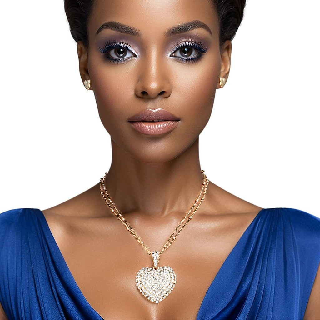 Layered Gold Pendant Necklace with Puffy Rhinestone Heart – Trendy Statement Jewelry Set