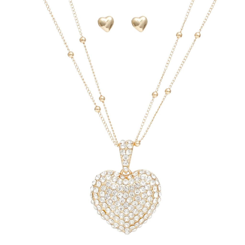 Layered Gold Pendant Necklace with Puffy Rhinestone Heart – Trendy Statement Jewelry Set