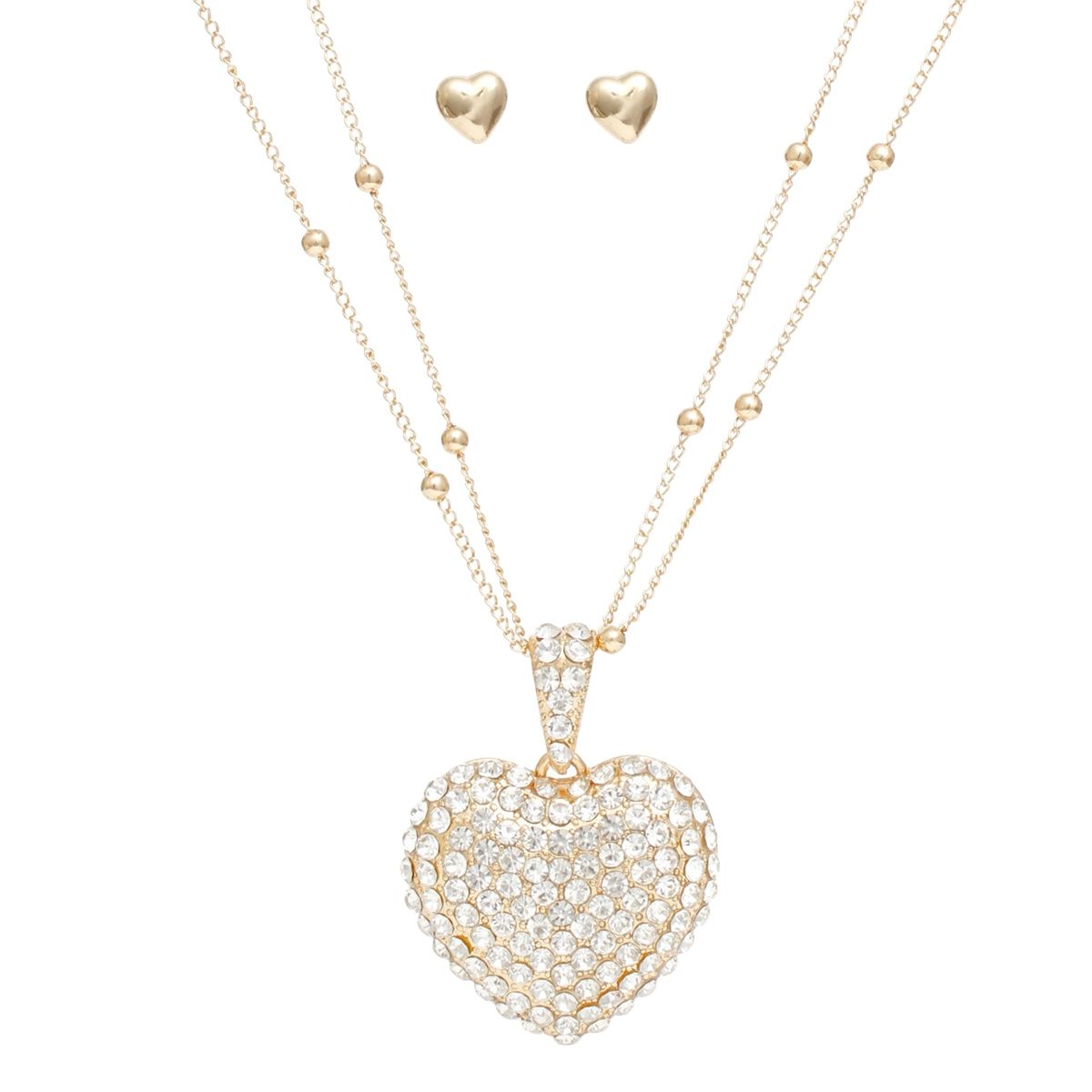 Layered Gold Pendant Necklace with Puffy Rhinestone Heart – Trendy Statement Jewelry Set
