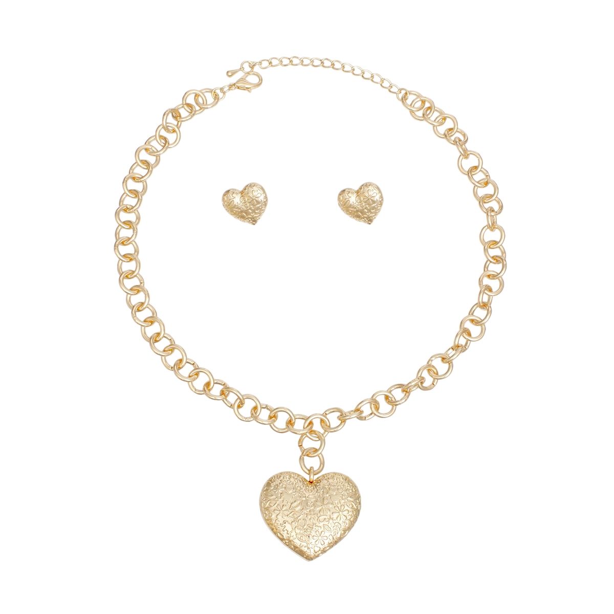 Puffy Heart Pendant Necklace Gold Girly Patterned Stylish Jewelry