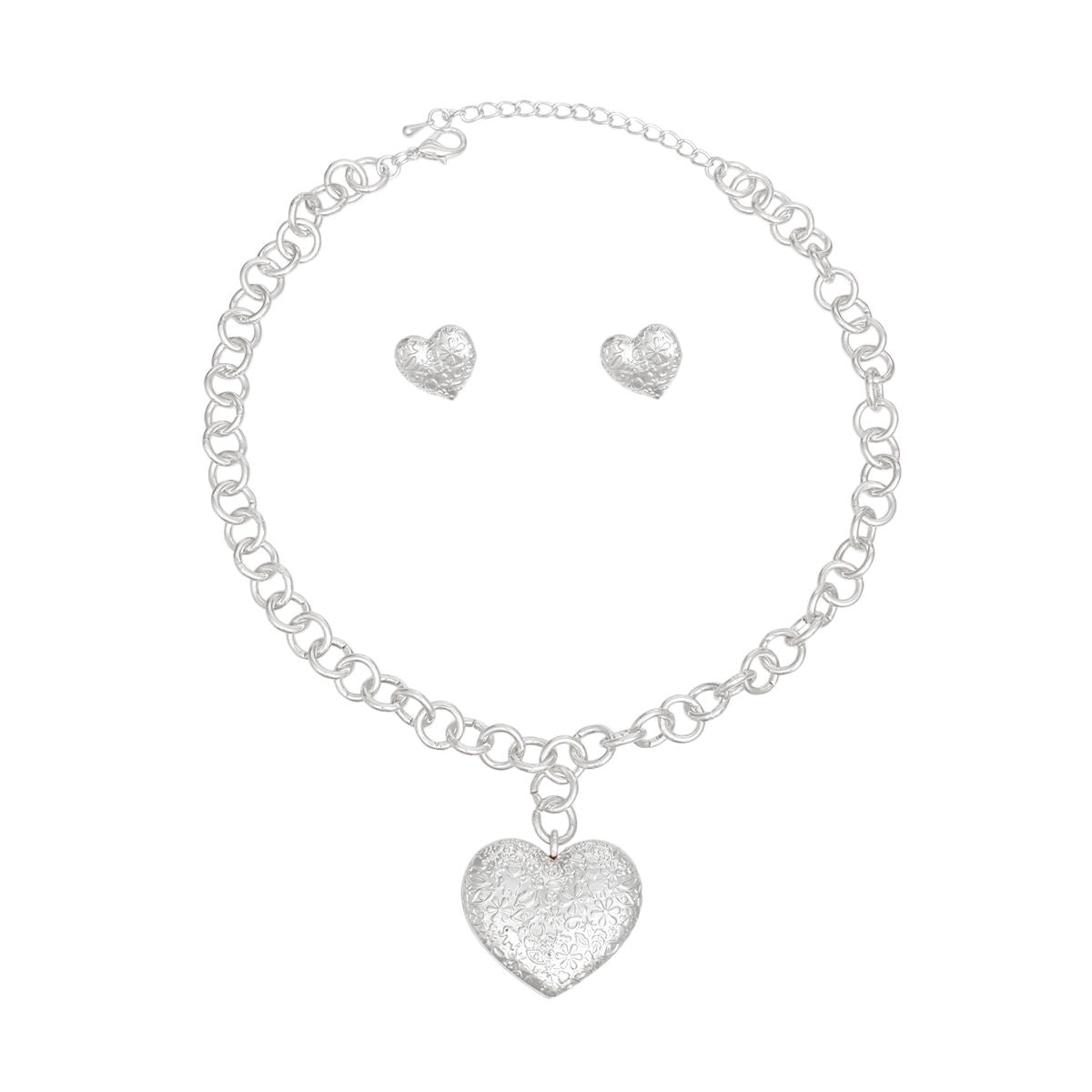 Silver Puffy Heart Pendant Set with Girly Pattern – Stylish Jewelry Accessory