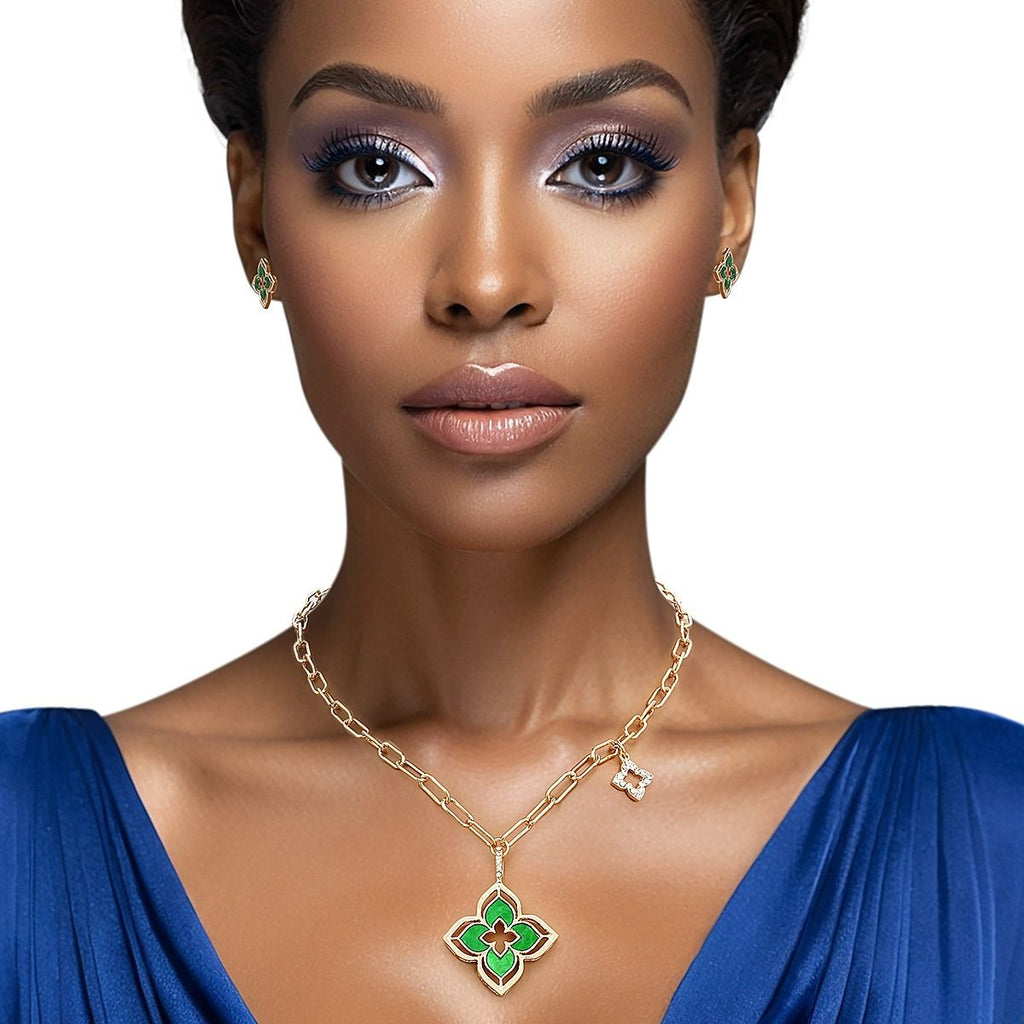 Monogram Flower Pendant Necklace Set in Gold and Green – Stylish Statement Jewelry