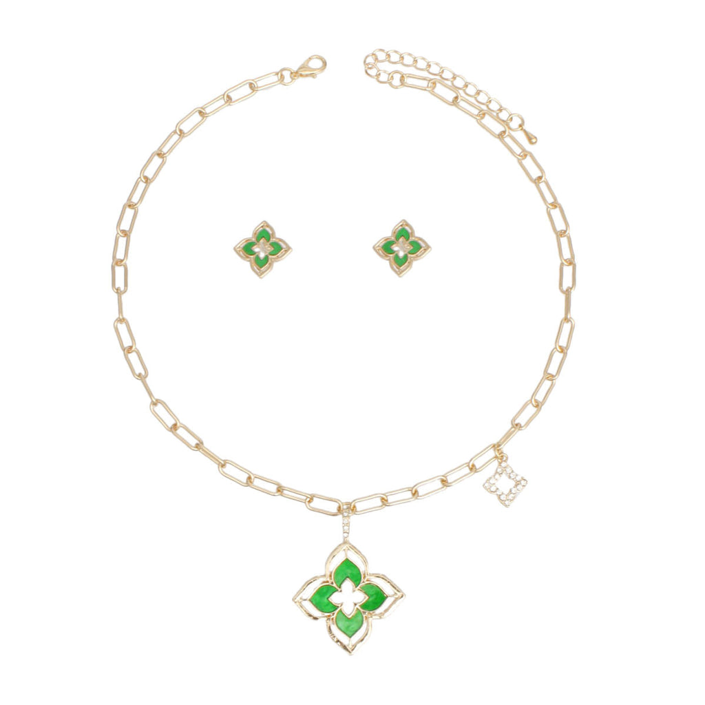 Monogram Flower Pendant Necklace Set in Gold and Green – Stylish Statement Jewelry