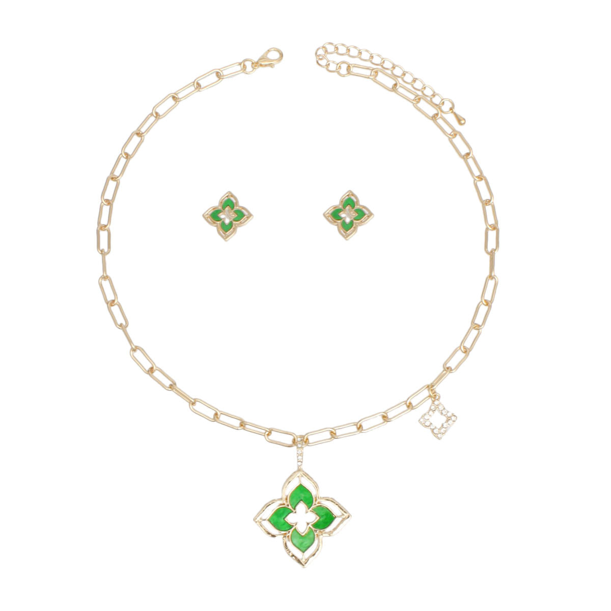 Monogram Flower Pendant Necklace Set in Gold and Green – Stylish Statement Jewelry