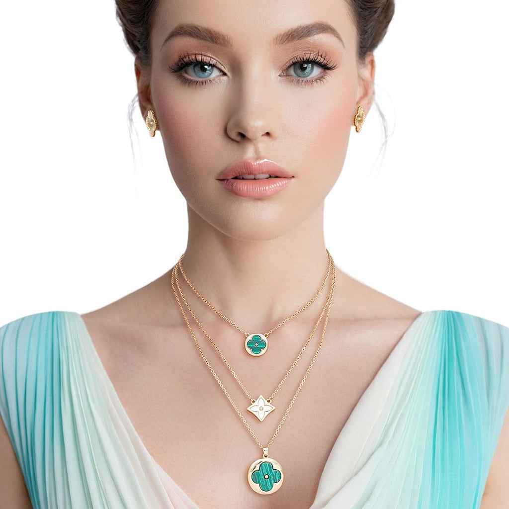 Layered Gold Pendant Necklace with Green Quatrefoil – Stylish Statement Jewelry