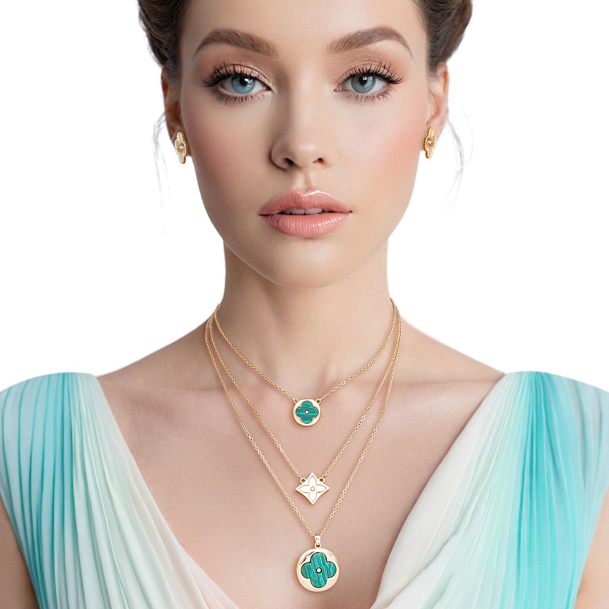 Layered Gold Pendant Necklace with Green Quatrefoil – Stylish Statement Jewelry