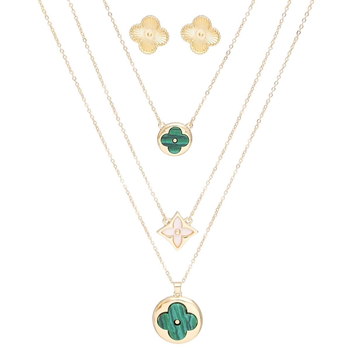 Layered Gold Pendant Necklace with Green Quatrefoil – Stylish Statement Jewelry