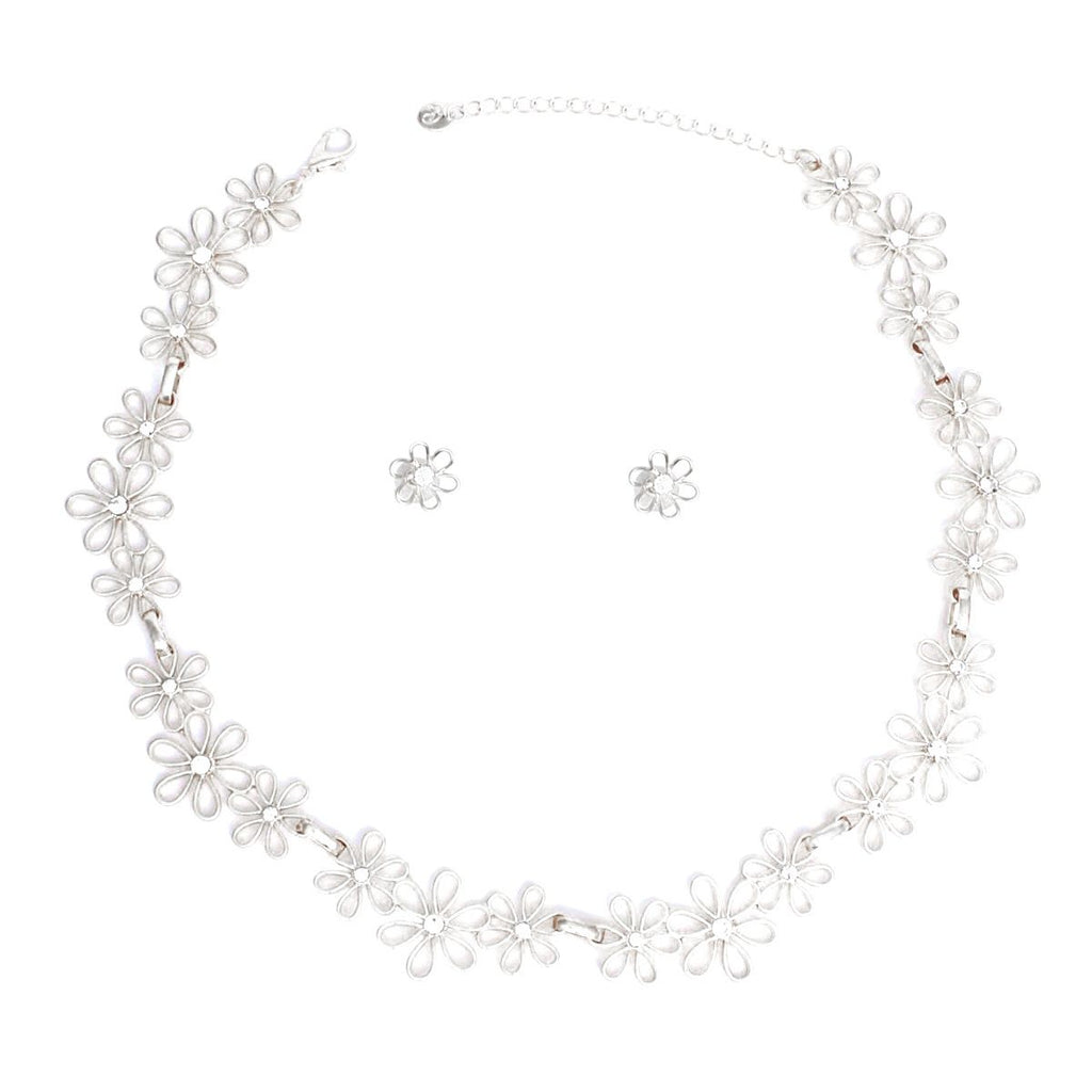 Silver Chain Necklace with Flower Links for Women – Stylish Statement Jewelry Set