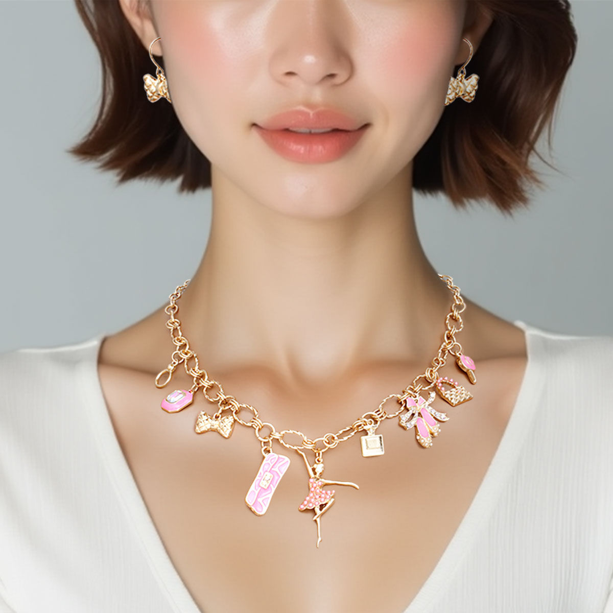Charm Necklace Gold Pink Ballerina Boutique Stylish Statement Jewelry