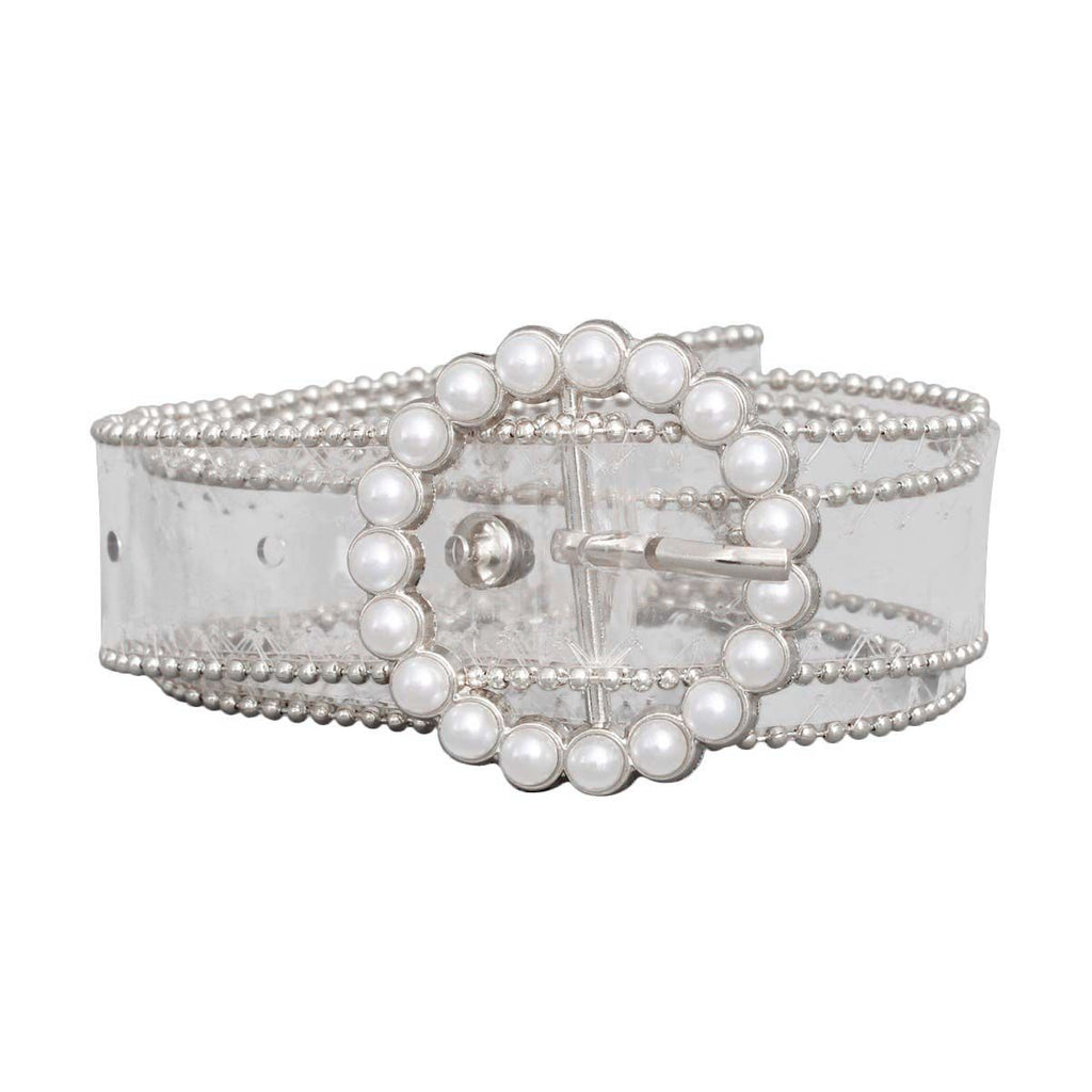 Transparent Belt with Silver Pearl Detail – Stylish Fashion Accessory