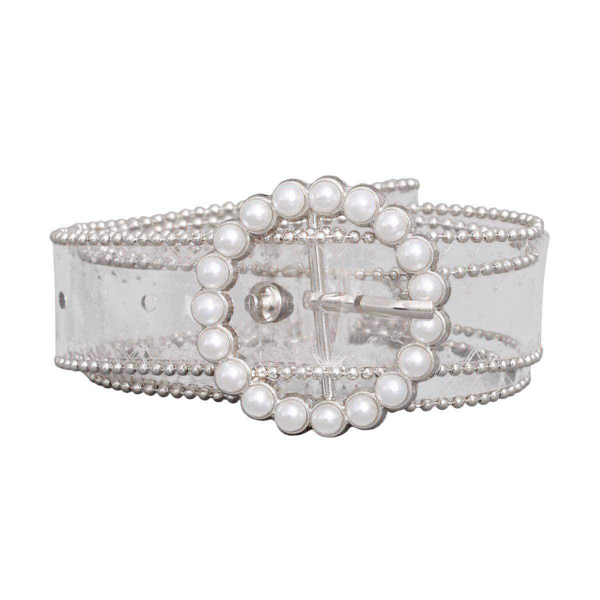 Transparent Belt with Silver Pearl Detail – Stylish Fashion Accessory