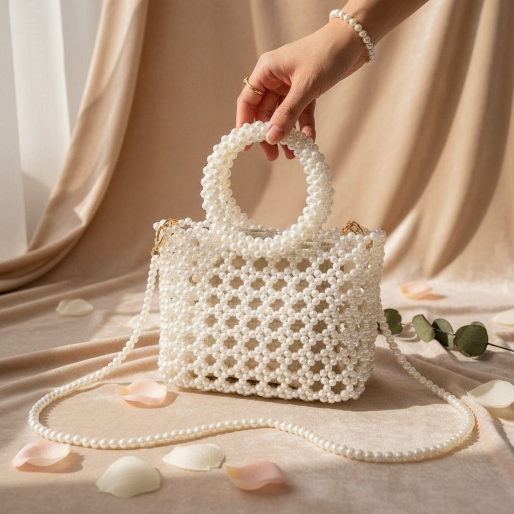 Fashion Handbag Top Handle Square Cream Pearl Woven Chic Statement Bag