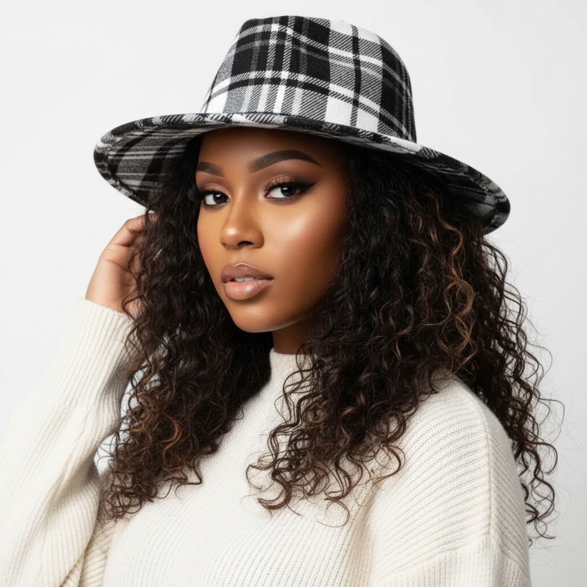 Fedora Hat Black White Plaid Stylish Trendy Accessory