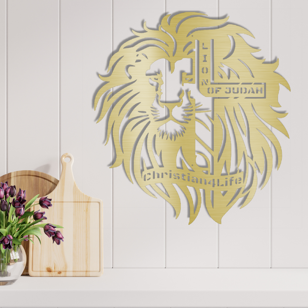 Lion of Judah, - Lion and Cross Christian die-cut metal sign, Christian Metal Sign, Christian Wall Art