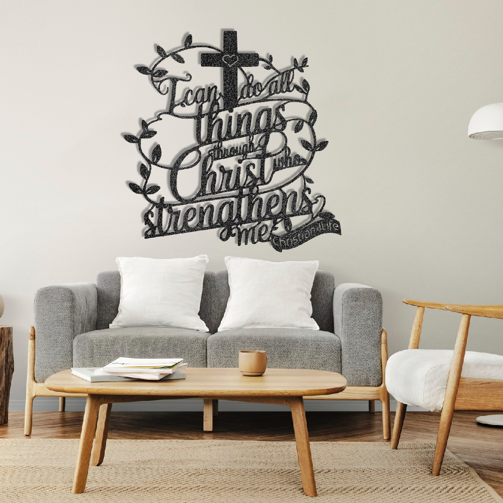 "I can do all things through Christ who strengthens me" Christian die-cut steel metal sign (with traced Heart)