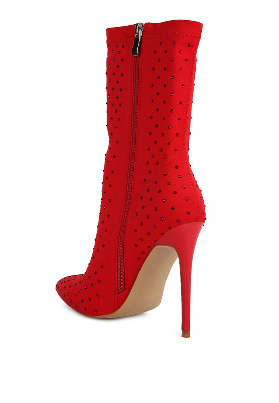 Rhinestone Pointed Toe Boot Heels – Stretch Lycra Sock Boots – High Heel