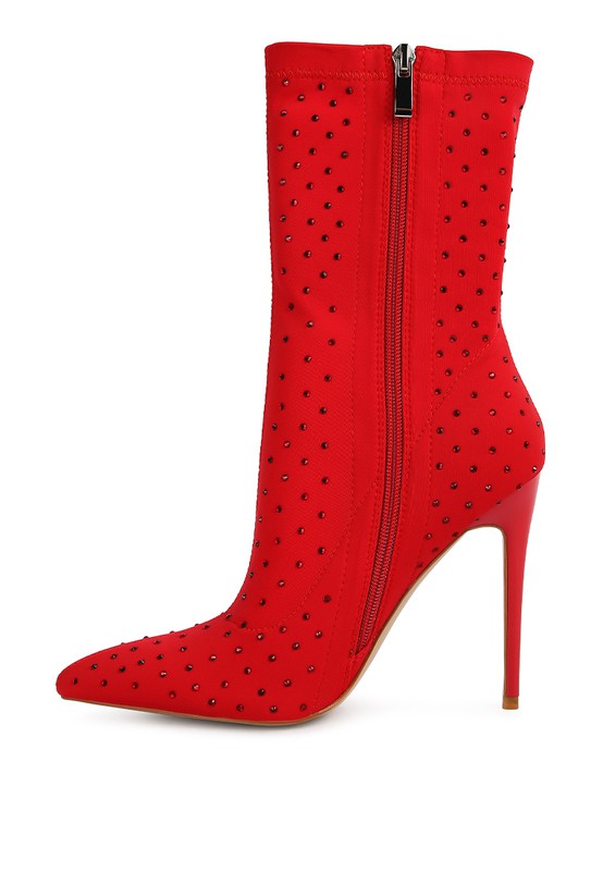 Rhinestone Pointed Toe Boot Heels – Stretch Lycra Sock Boots – High Heel