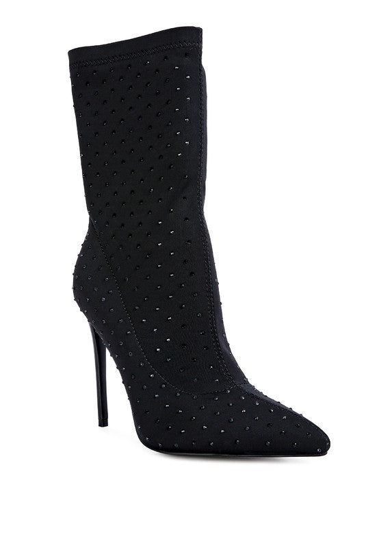 Rhinestone Pointed Toe Boot Heels – Stretch Lycra Sock Boots – High Heel