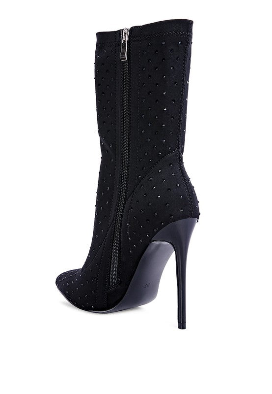 Rhinestone Pointed Toe Boot Heels – Stretch Lycra Sock Boots – High Heel