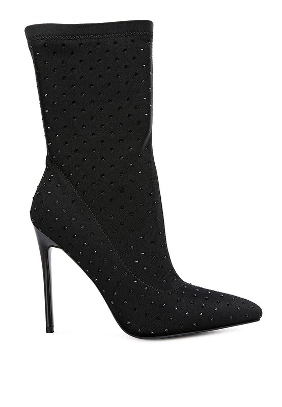 Rhinestone Pointed Toe Boot Heels – Stretch Lycra Sock Boots – High Heel
