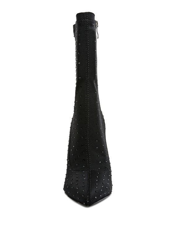Rhinestone Pointed Toe Boot Heels – Stretch Lycra Sock Boots – High Heel
