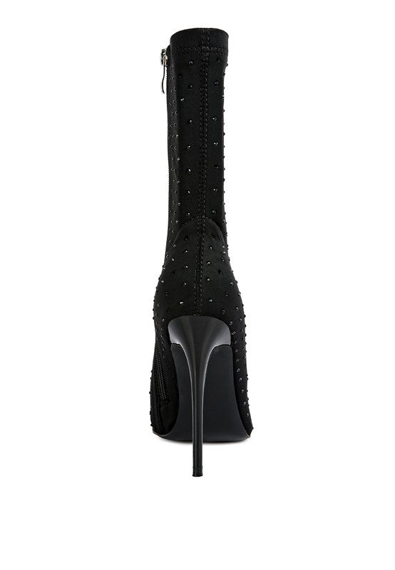 Rhinestone Pointed Toe Boot Heels – Stretch Lycra Sock Boots – High Heel
