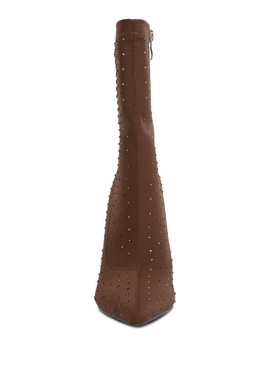 Rhinestone Pointed Toe Boot Heels – Stretch Lycra Sock Boots – High Heel