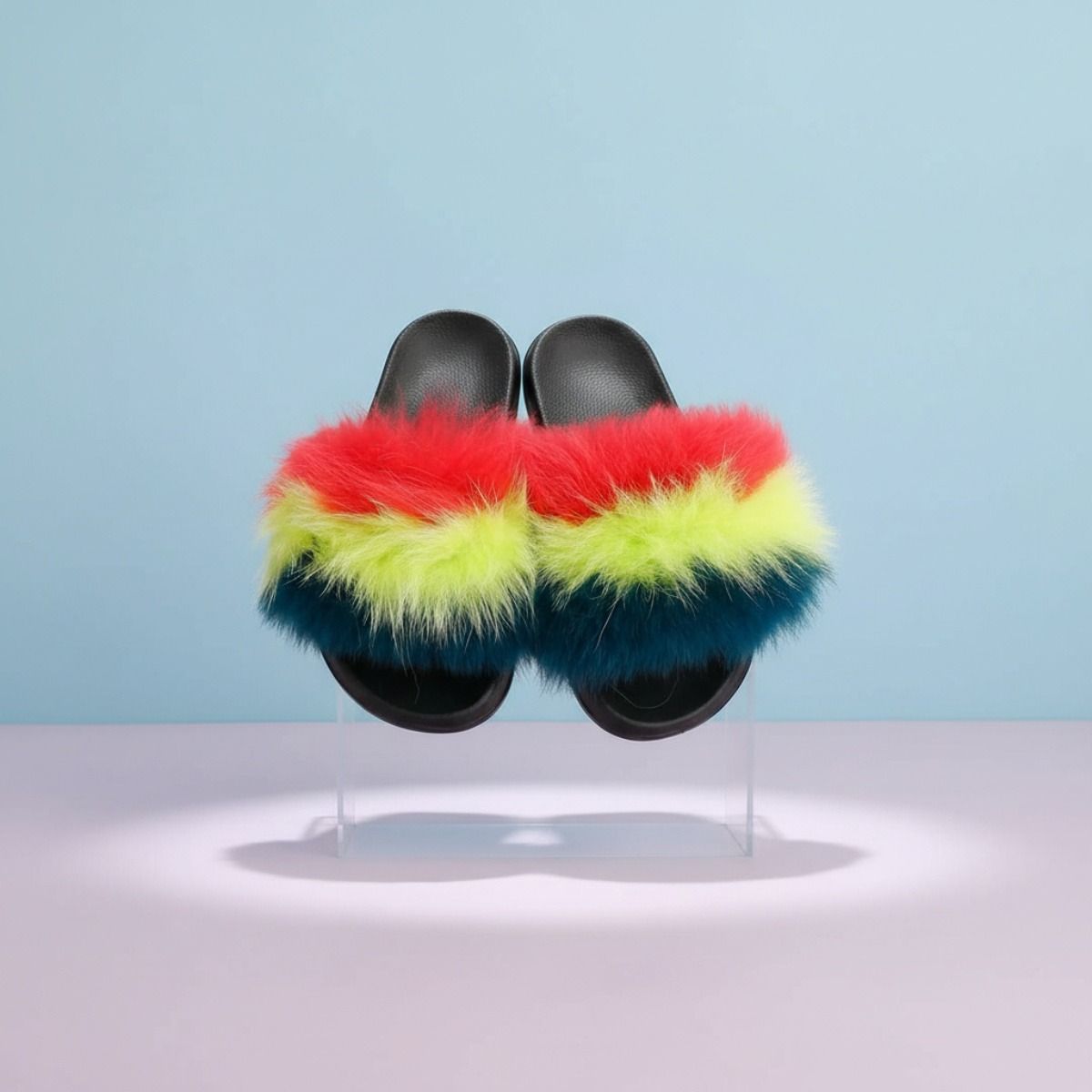 Large Fox Fur Slippers in Coral and Green – Trendy Lounge Footwear