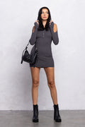 Ribbed Hoodie Mini Dress | Cut-Out Details & Thumb Hole Long Sleeve Streetwear
