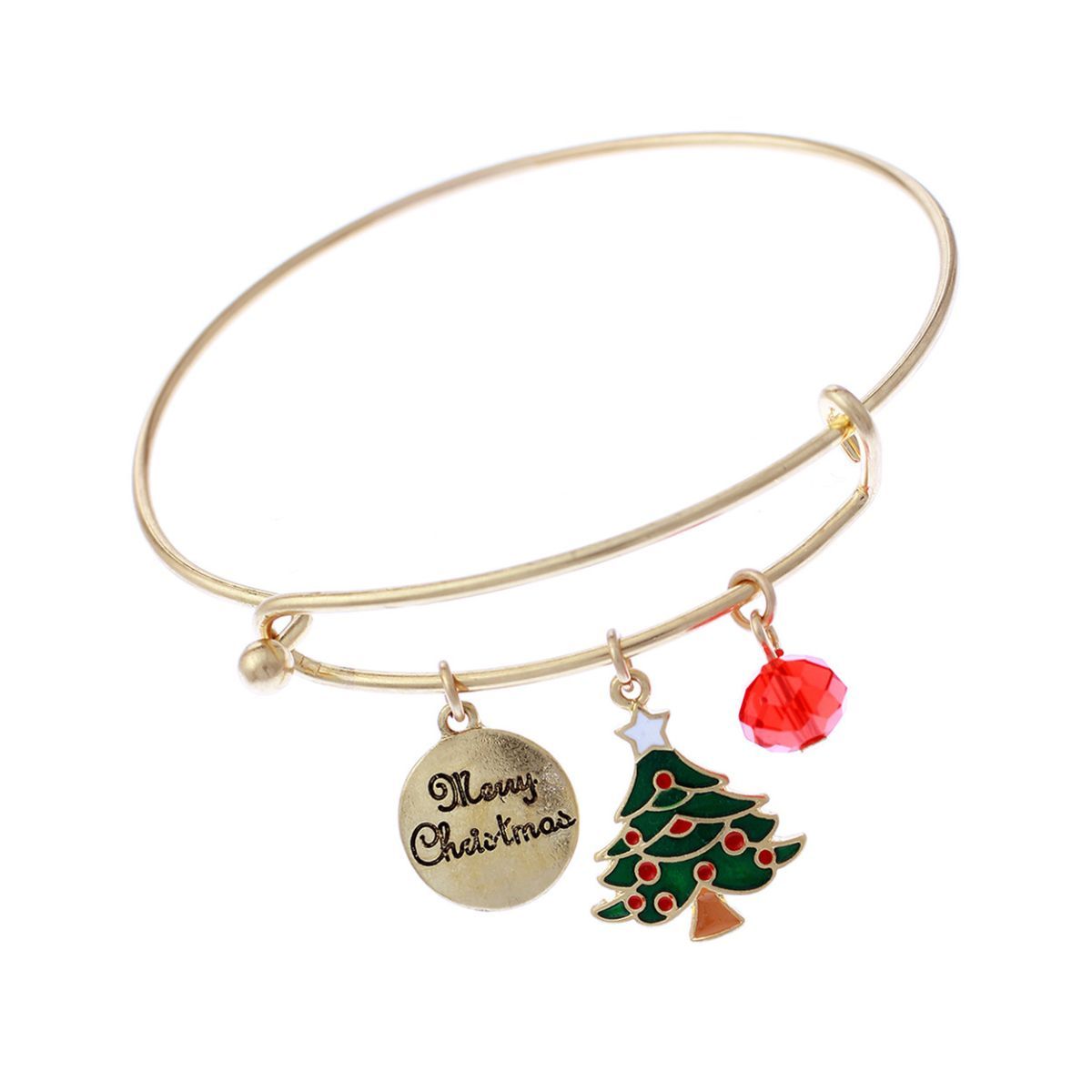 Wire Bangle Bracelet with Xmas Tree Charm – Stylish Holiday Jewelry Accessory