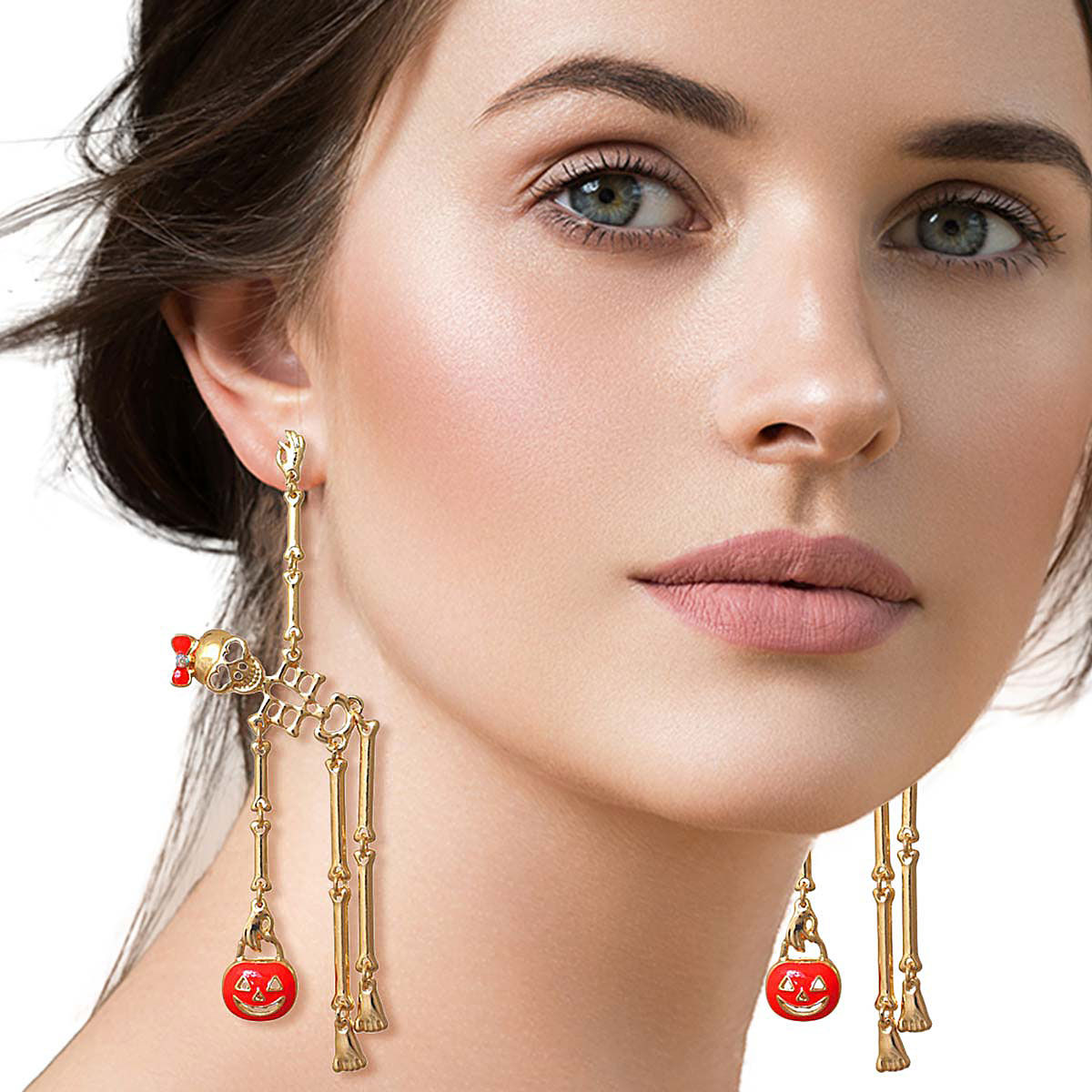 Dangle Earrings Gold Skeleton Spooky Statement Jewelry