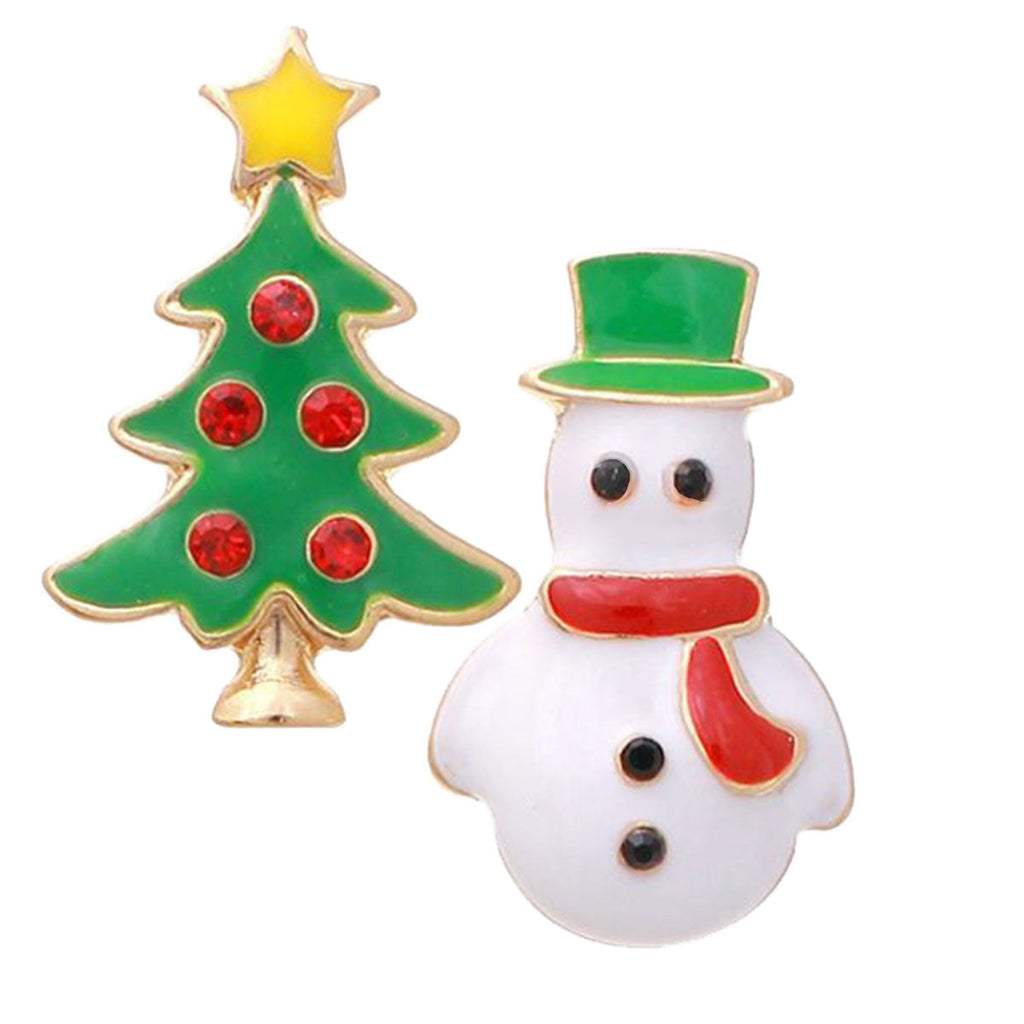 Mismatched Stud Earrings Tree and Snowman Winter Fun Trendy Jewelry