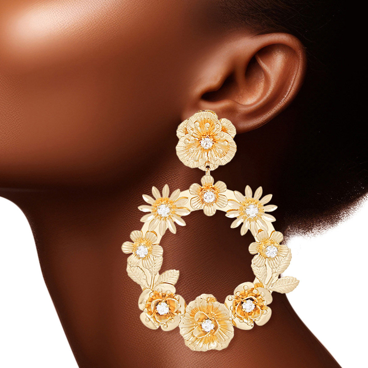 Women’s Drop Earrings Burnished Gold Flower Wreath Stylish Statement Jewelry
