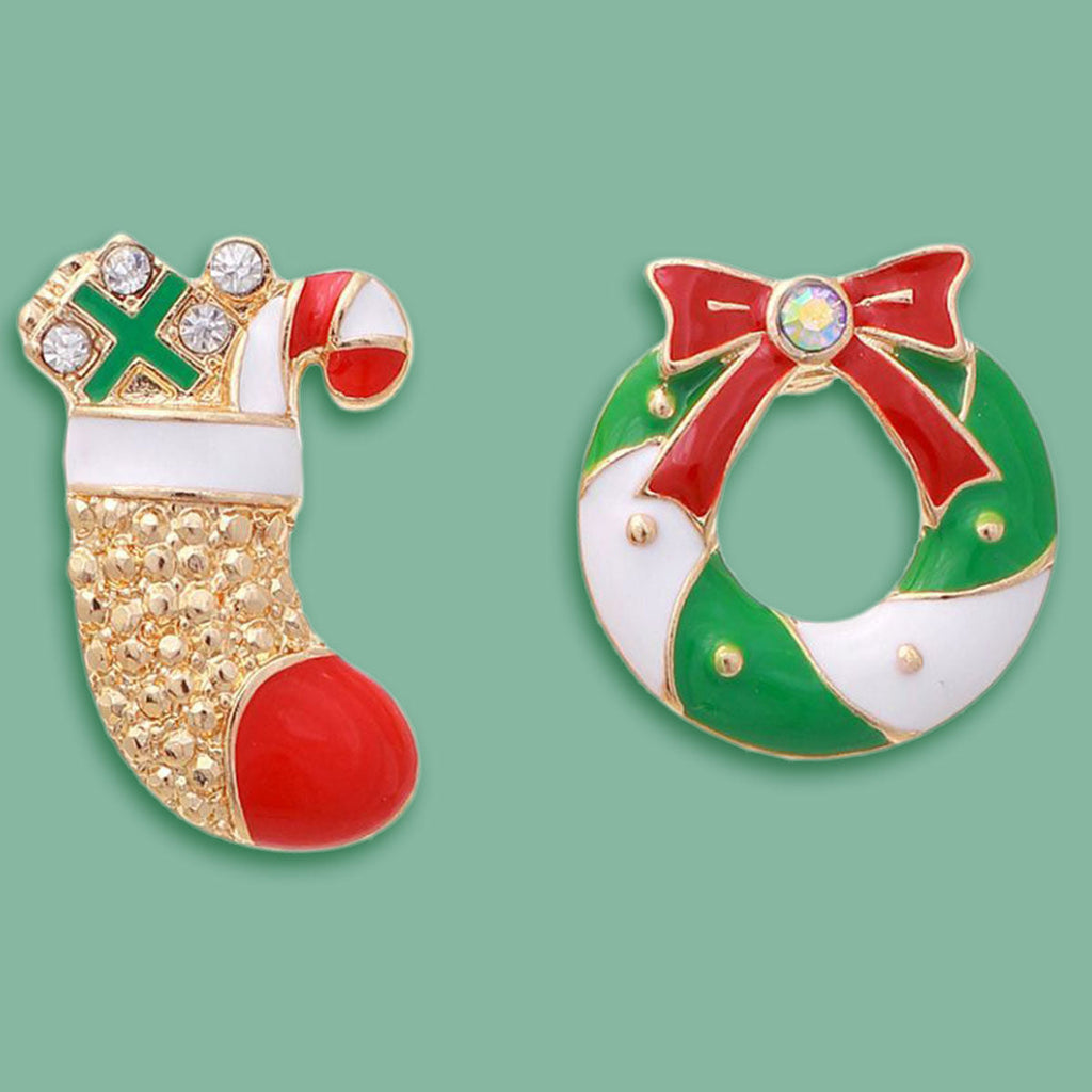 Mismatched Holiday Stud Earrings Set – Stocking and Wreath, Trendy Fashion Jewelry